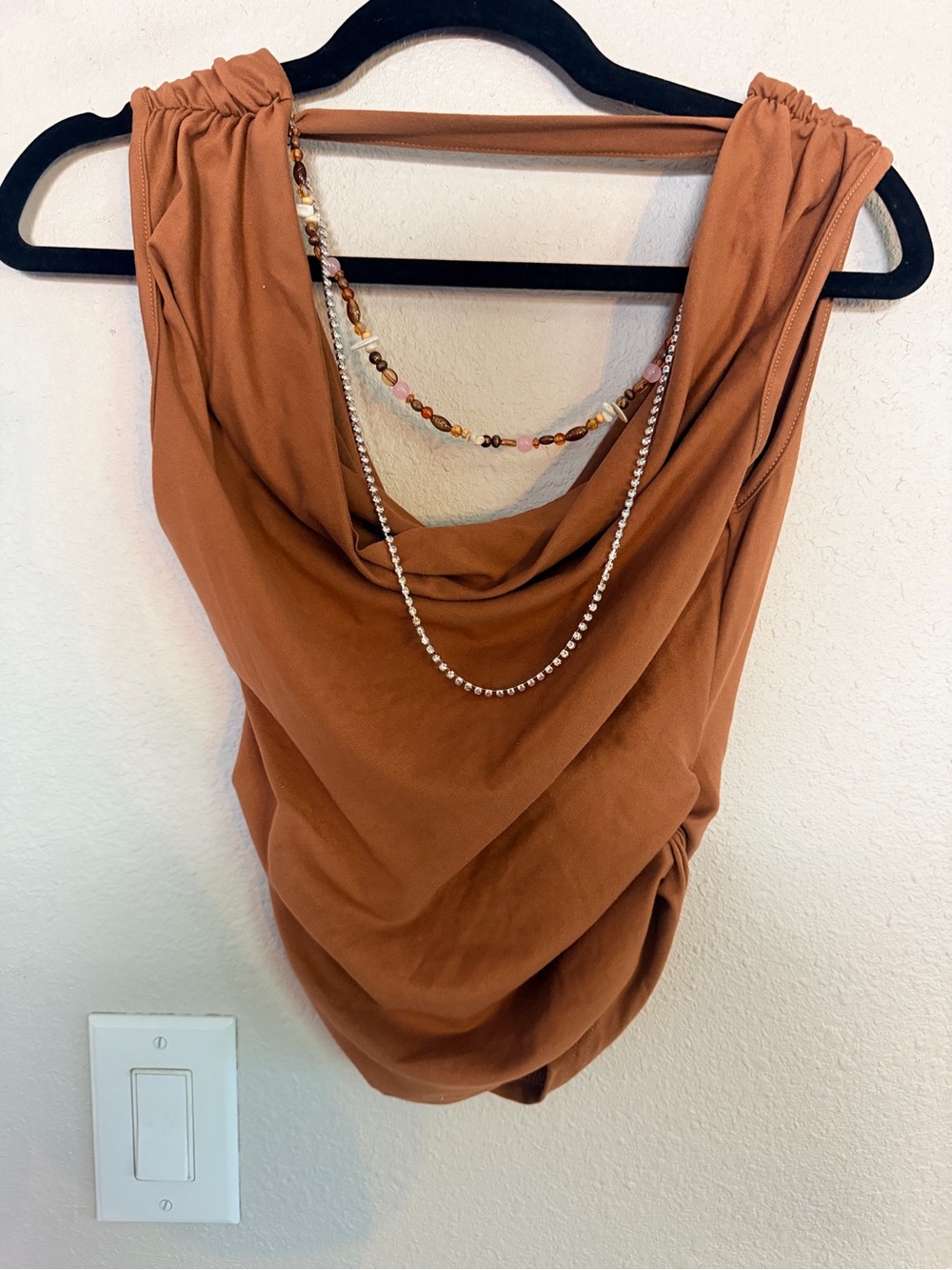 Draped Rust Brown Cowl Neck Top With Attached Necklace